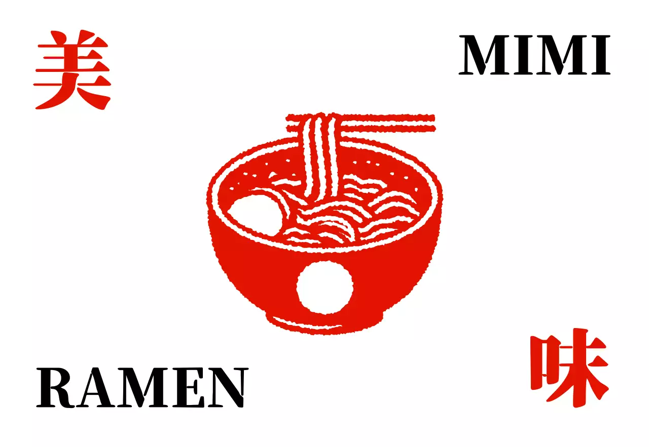 Insegna di un negozio di ramen con aspetto di francobollo vintage