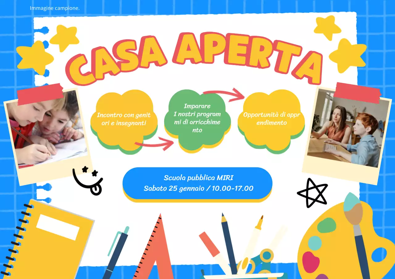 Pubblicità della casa aperta della scuola Kitsch giallo e blu cielo