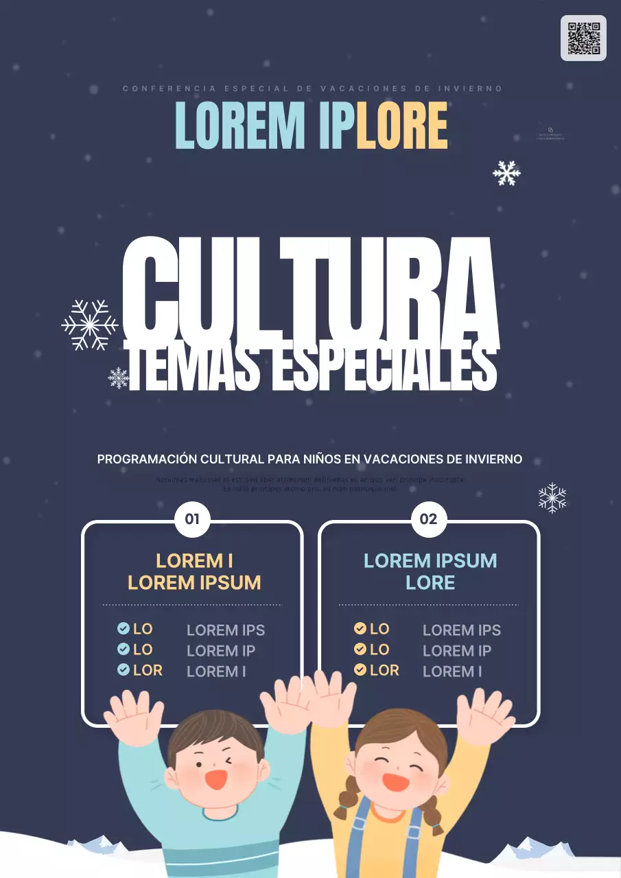 Promocionar los especiales culturales infantiles de las vacaciones de invierno en azul marino y blanco