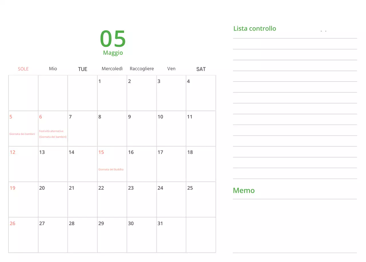 Simpatico calendario da tavolo illustrato verde a tema famiglia