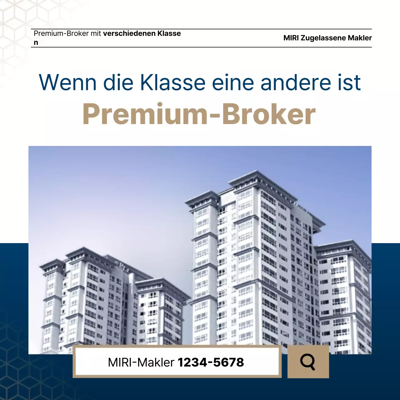 Luxuriöses Immobilienangebot in Marineblau und Gold von einem Immobilienmakler.