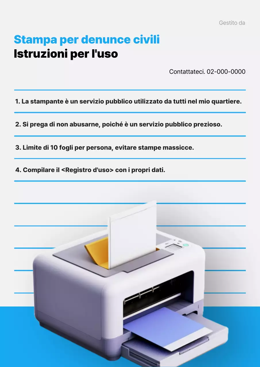 Annuncio dell'uso di stampe 3D blu e semplici per il settore pubblico