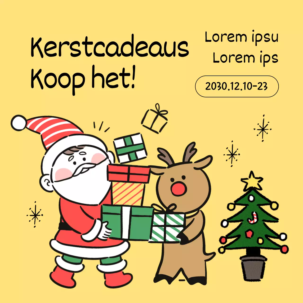 Een pop-art reclame voor het geven van kerstcadeaus in geel en groen