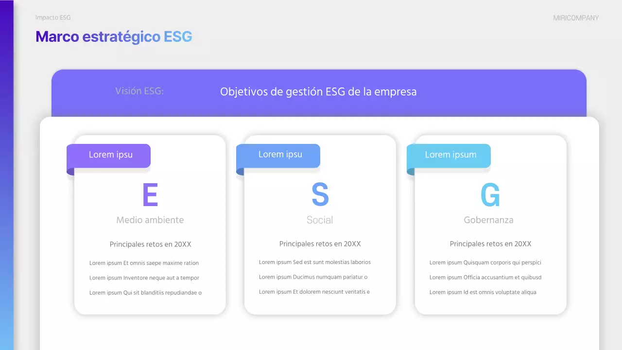 Un moderno informe de sostenibilidad ESG en morado y azul claro