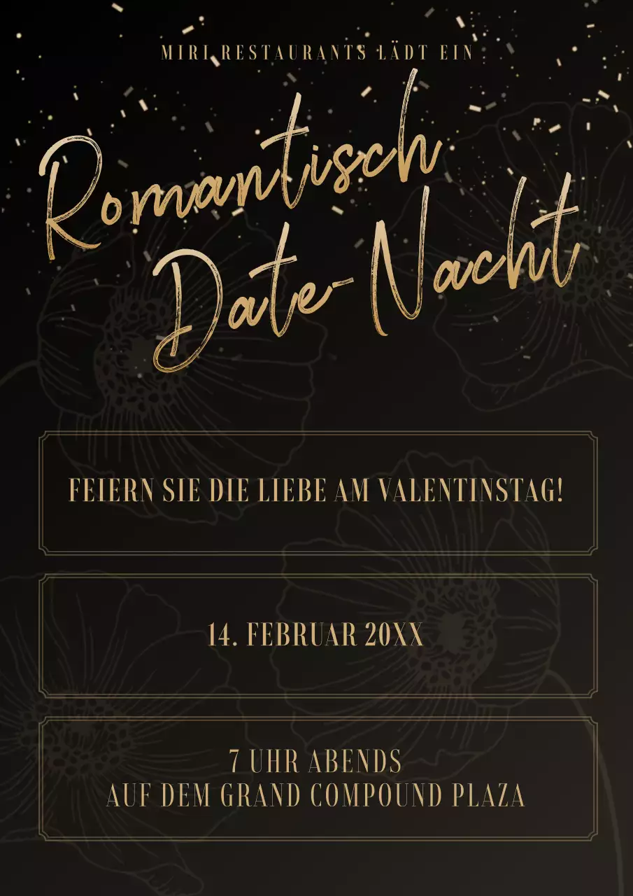 Elegantes Valentinsdinner in Gold und Schwarz Werbung für den Abend