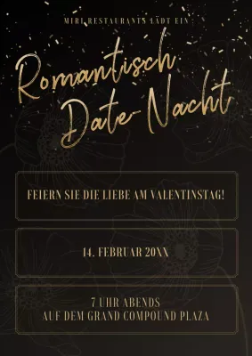 Elegantes Valentinsdinner in Gold und Schwarz Werbung für den Abend