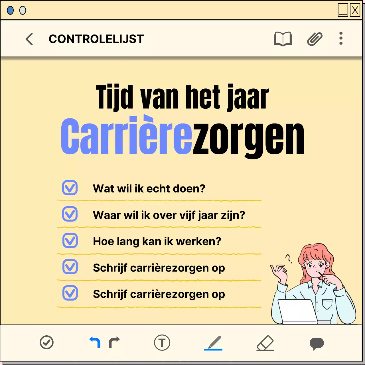 Een loopbaanplanningsgids met een geel, kitscherig notitieblokconcept