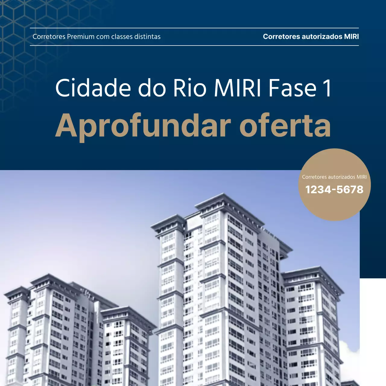 Listagem de imóveis luxuosos em azul-marinho e dourado por um agente imobiliário.