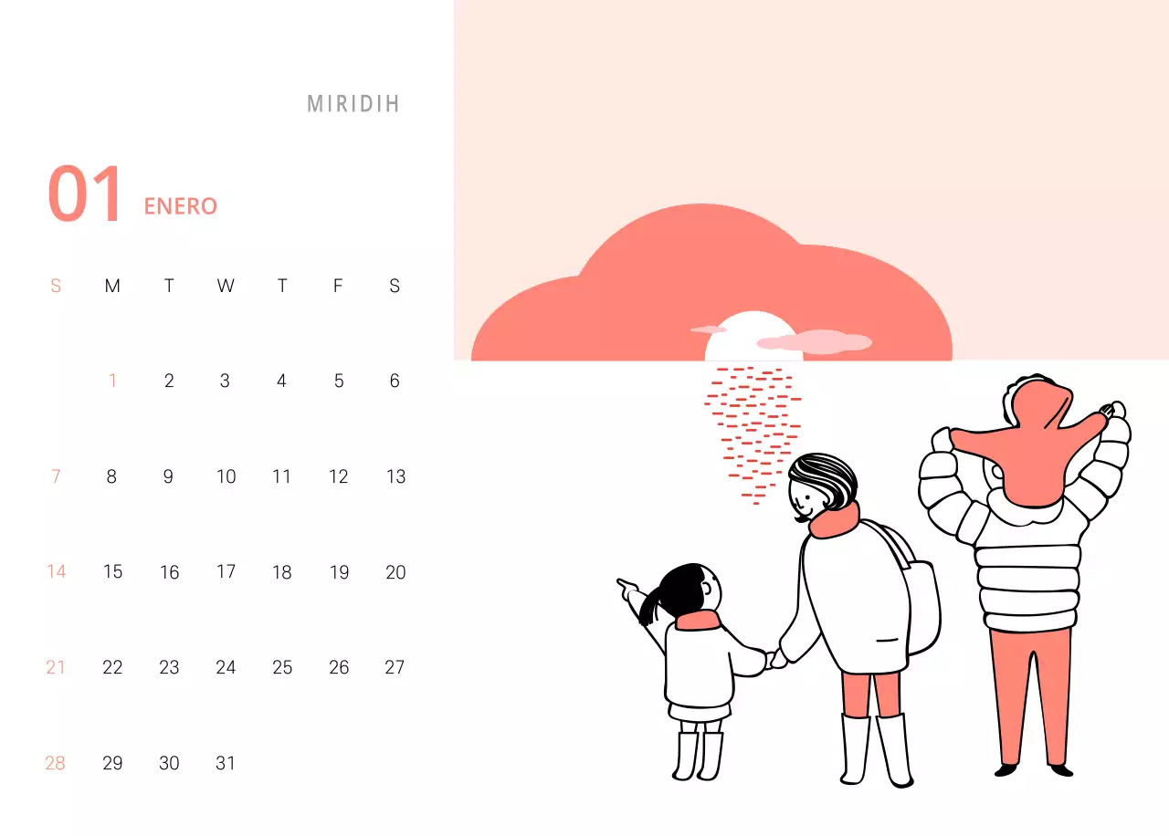 Bonito calendario de sobremesa ilustrado de temática familiar en color verde