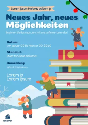 Himmelblau-weiße Kitschschule Wintercamp-Werbung