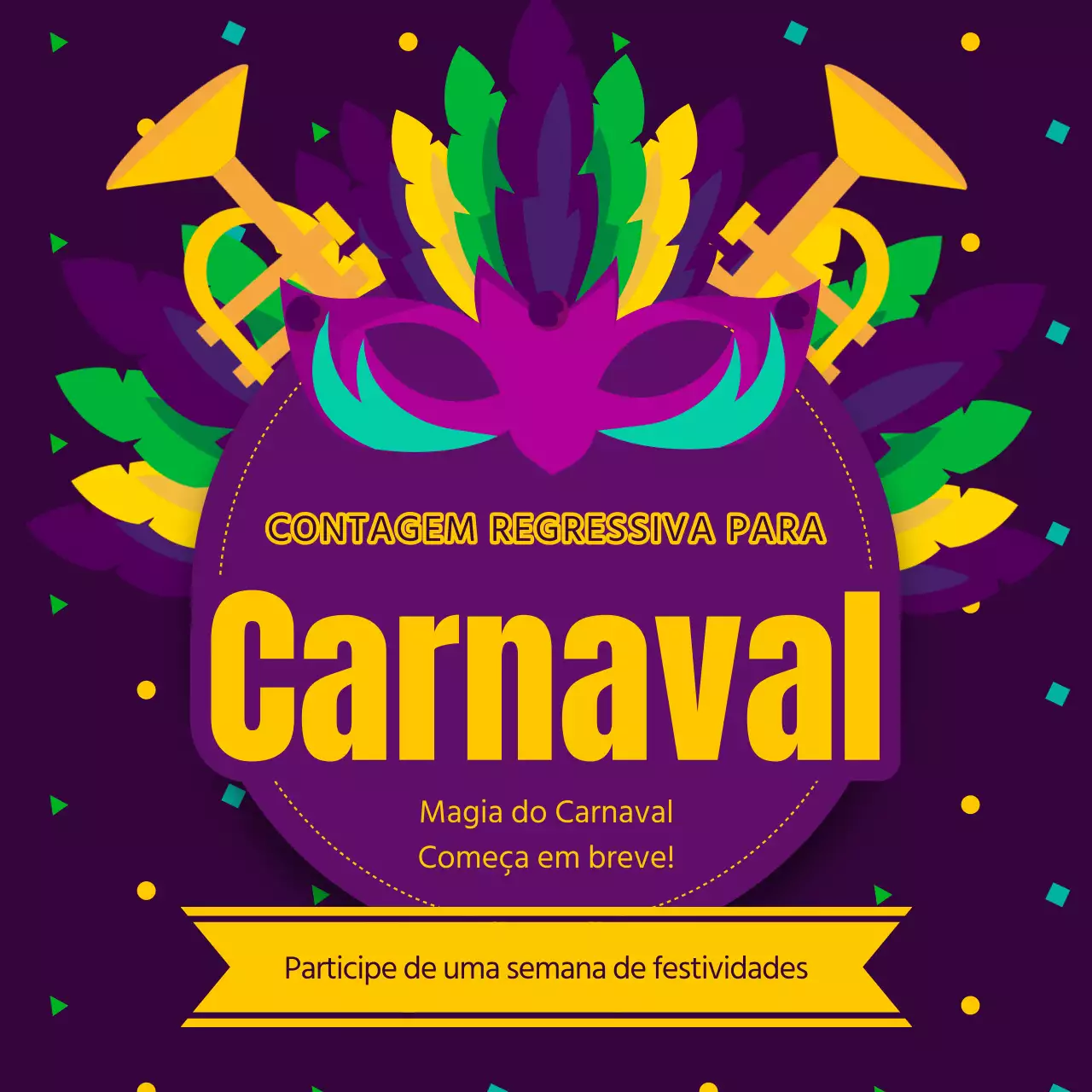 Anúncio Kitsch roxo e amarelo para a contagem decrescente do Mardi Gras