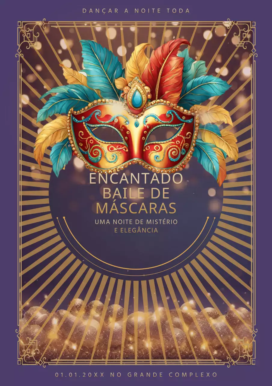 Convite elegante para baile de máscaras em roxo e dourado