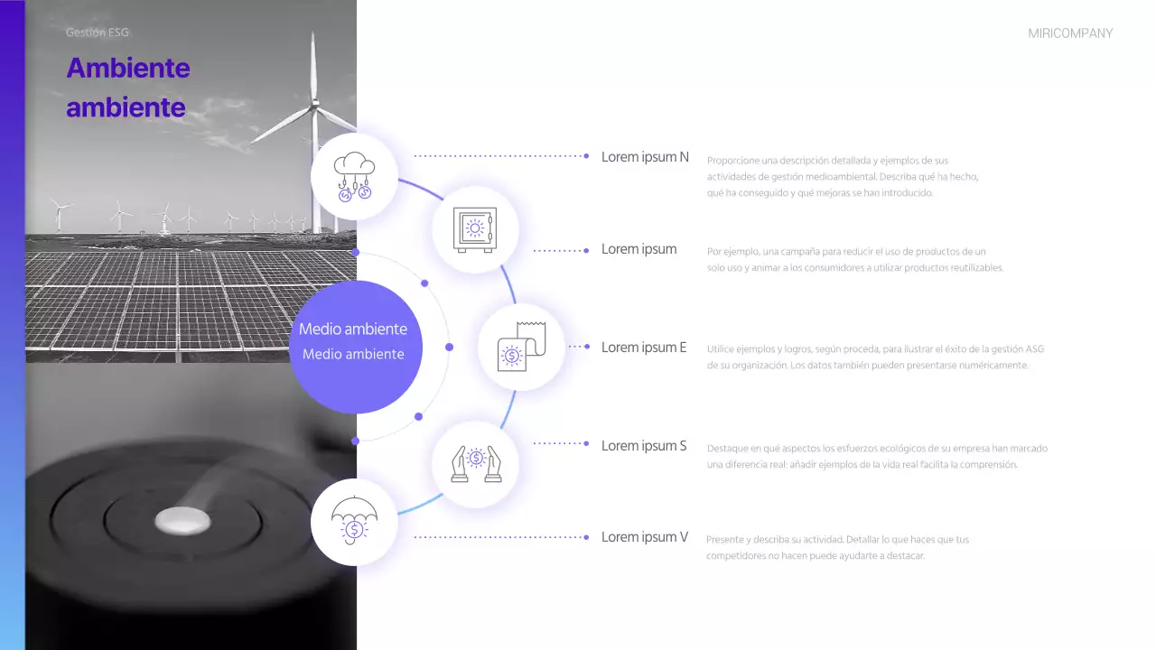 Un moderno informe de sostenibilidad ESG en morado y azul claro
