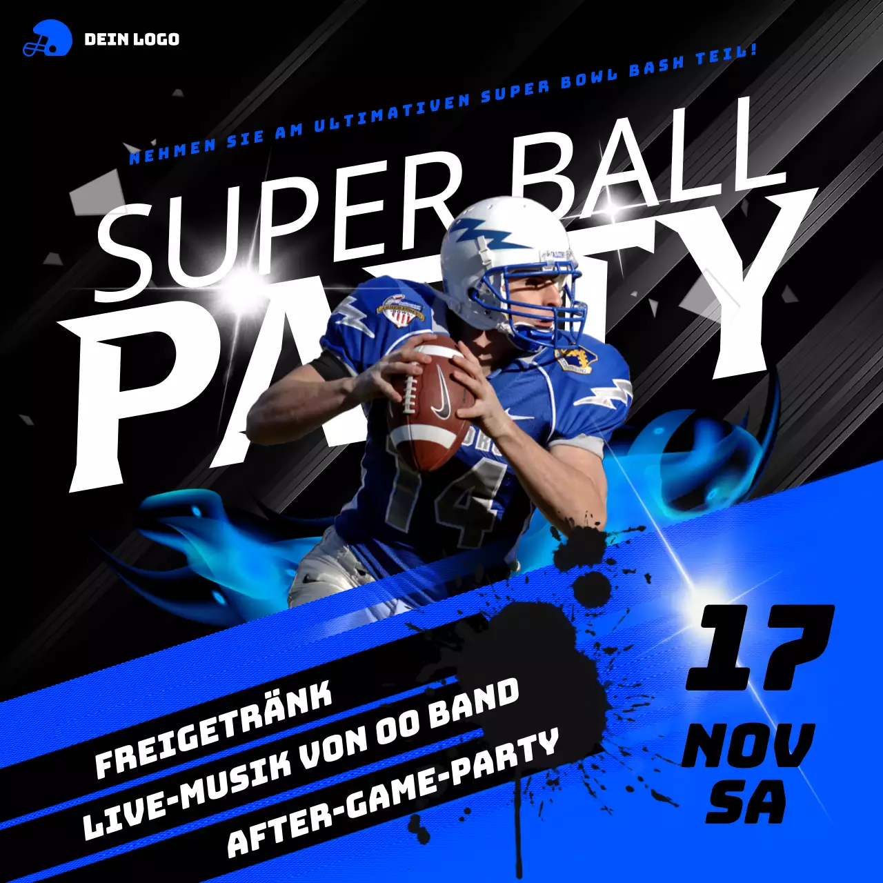 Geometrische Super-Bowl-Partyanzeige in Blau und Schwarz