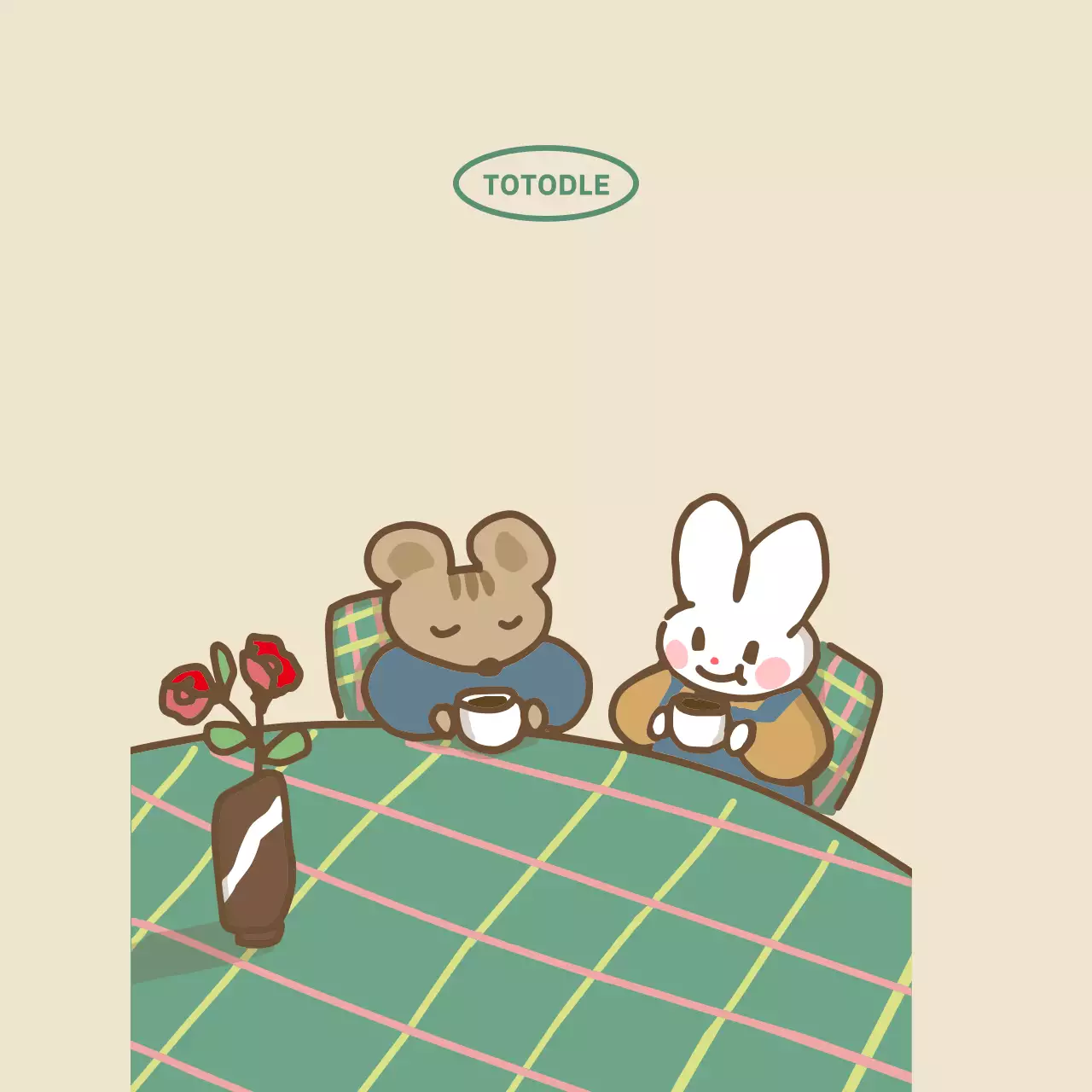 食卓に座ってお茶を飲む動物の友達のイラストデザイン