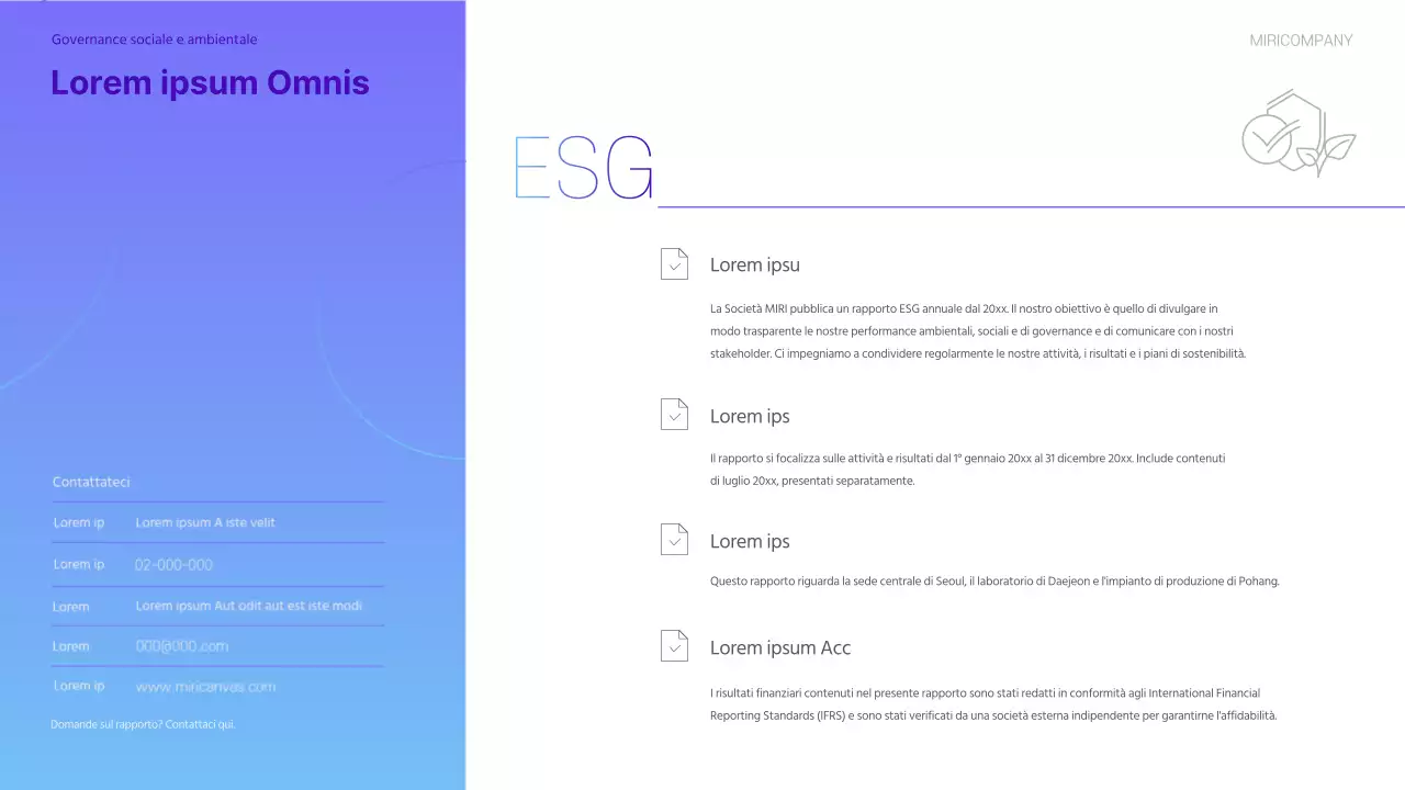 Un moderno rapporto di sostenibilità ESG in viola e azzurro