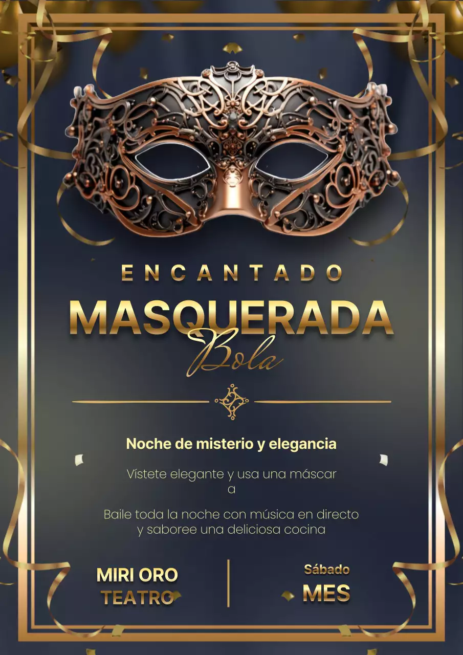 Elegante invitación al baile de máscaras negro y dorado