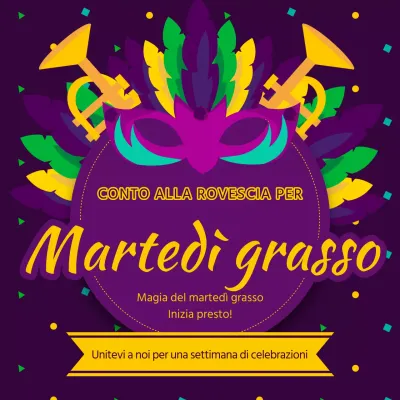 Pubblicità kitsch viola e gialla per il conto alla rovescia del Martedì Grasso