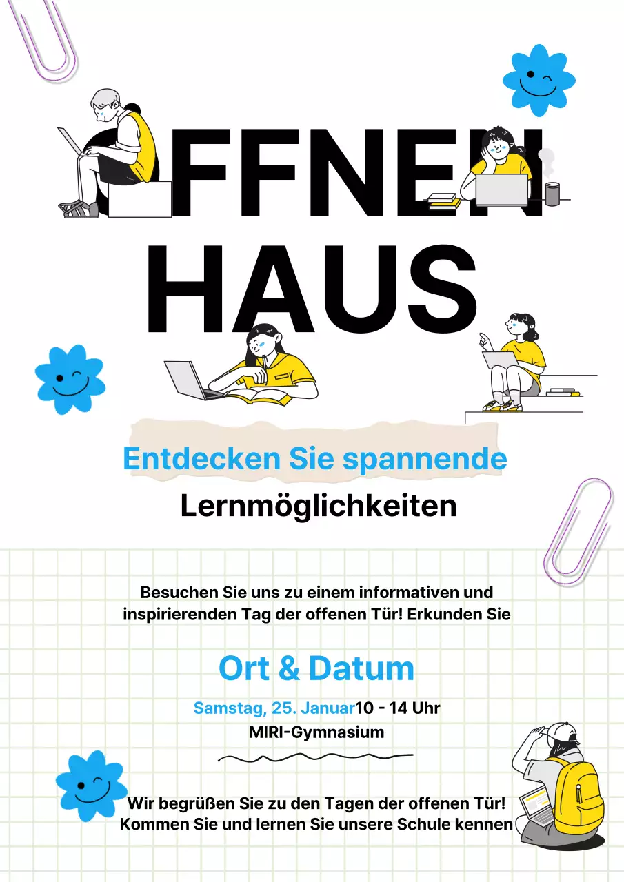 Blaue und gelbe Trendy School Einladung zum Tag der offenen Tür