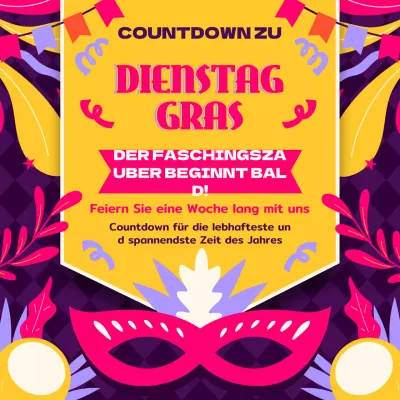 Gelb und Pink Kitsch Mardi Gras Countdown Werbung