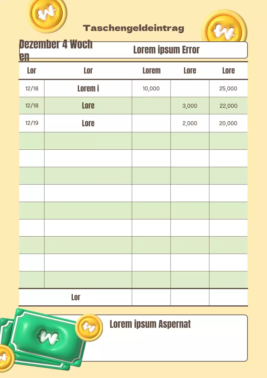 Niedlicher gelber und grüner Taschengeld-Planer