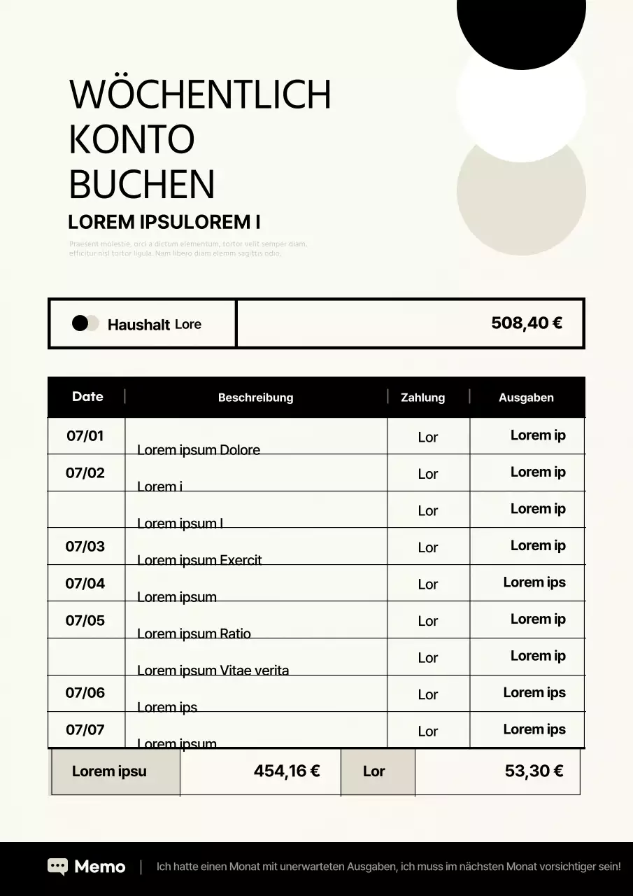 Moderner Wochenbudgetplaner in Elfenbein und Schwarz