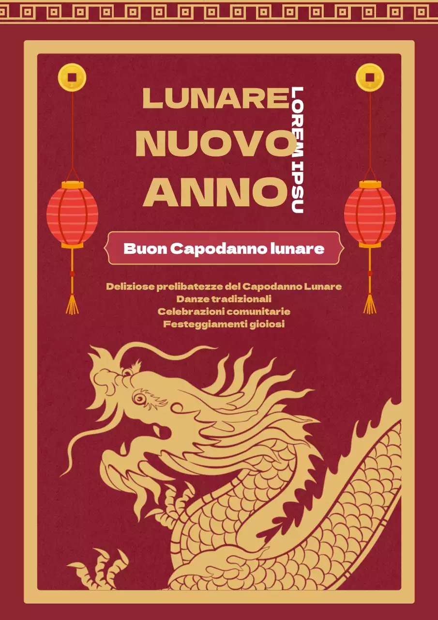 Pubblicità elegante rossa e dorata per il Capodanno lunare