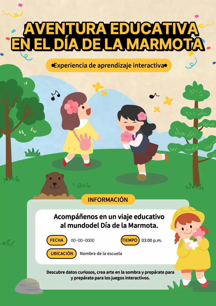 Kitsch verde y amarillo Anuncio de campamento del Día de la Marmota