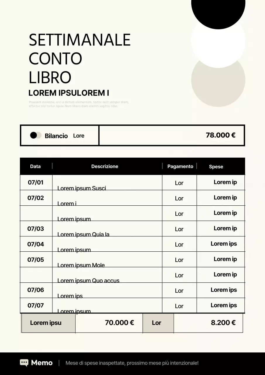 Agenda settimanale moderna per il budget in avorio e nero