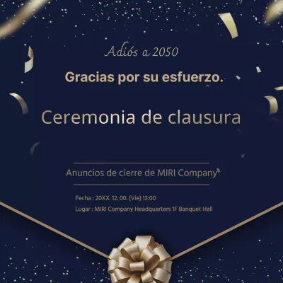 Un elegante anuncio de cierre de empresa en azul marino y dorado