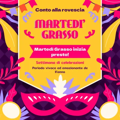 Pubblicità kitsch per il conto alla rovescia del Martedì Grasso in giallo e rosa caldo