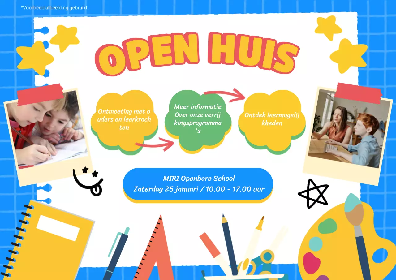 Hemelsblauw en Geel Kitsch School Open Huis Publiciteit