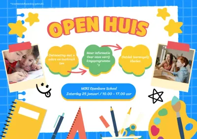 Hemelsblauw en Geel Kitsch School Open Huis Publiciteit
