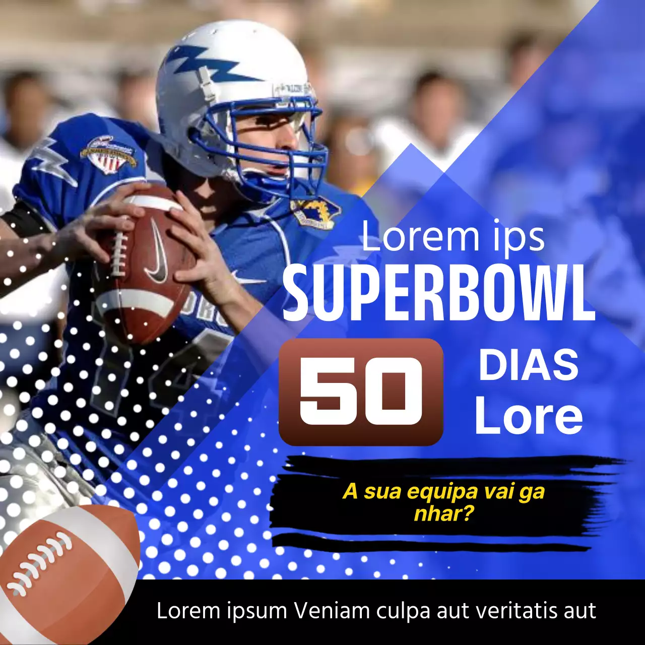 Anúncio geométrico azul e branco para a contagem decrescente do Super Bowl