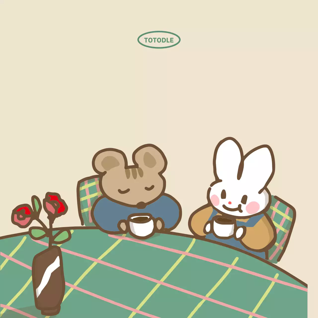 Illustration design of animal friends sitting at the kitchen table drinking tea