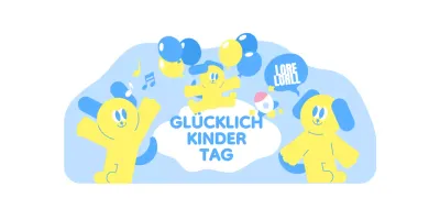 Kindertagsveranstaltung mit bunten und niedlichen Figuren auf dem Stelzenläufer