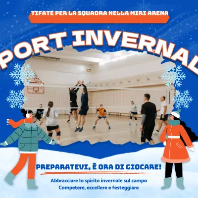 Pubblicità di eventi sportivi invernali di tendenza blu e arancione