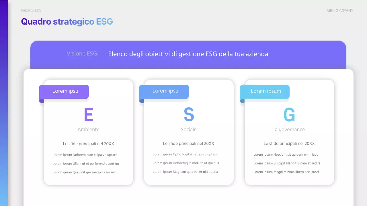 Un moderno rapporto di sostenibilità ESG in viola e azzurro