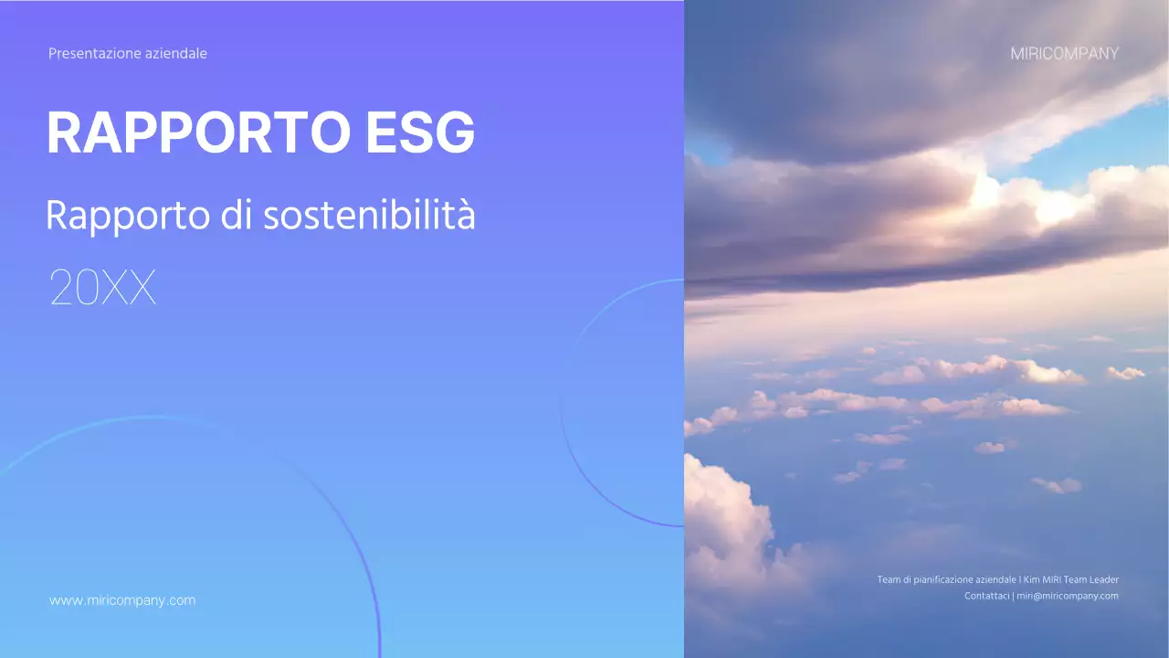 Un moderno rapporto di sostenibilità ESG in viola e azzurro