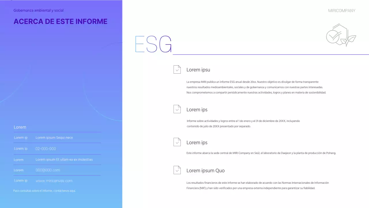 Un moderno informe de sostenibilidad ESG en morado y azul claro