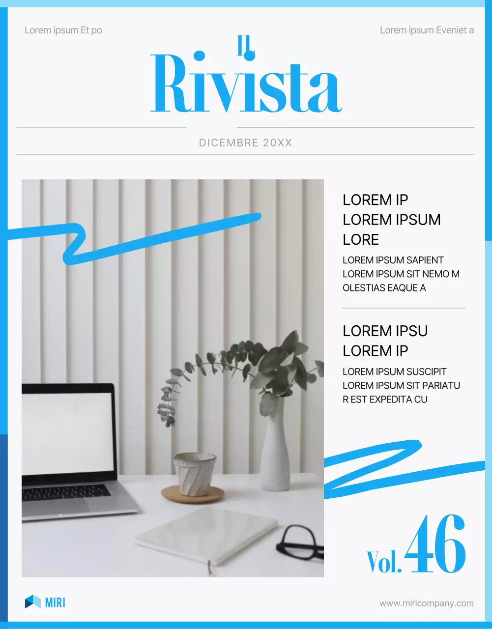 Moderna rivista aziendale in azzurro e bianco