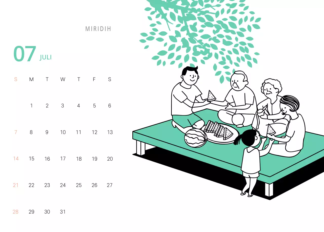 Schattige geïllustreerde groene bureaukalender met familiethema