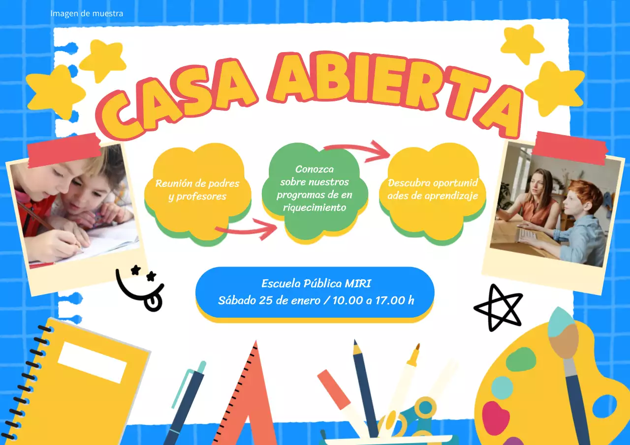 Publicidad de la jornada de puertas abiertas de la escuela Kitsch en azul cielo y amarillo