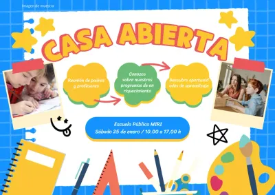 Publicidad de la jornada de puertas abiertas de la escuela Kitsch en azul cielo y amarillo