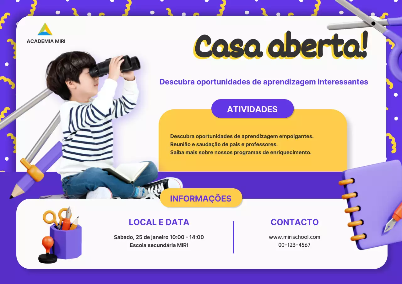Anúncio de abertura da escola em tons de roxo e branco