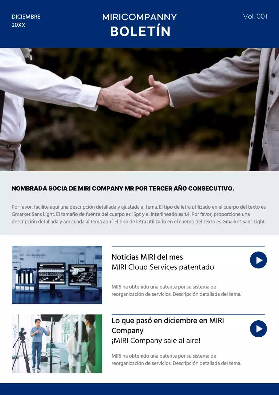 Anuncio sencillo de noticias de empresa en azul marino y blanco