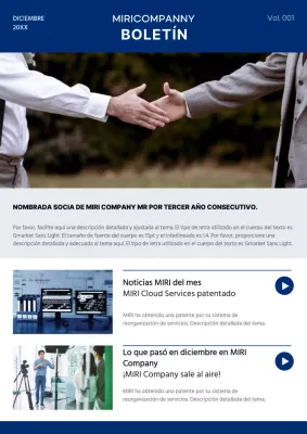 Anuncio sencillo de noticias de empresa en azul marino y blanco