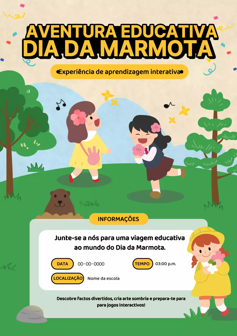 Anúncio de acampamento verde e amarelo kitsch do Dia da Marmota