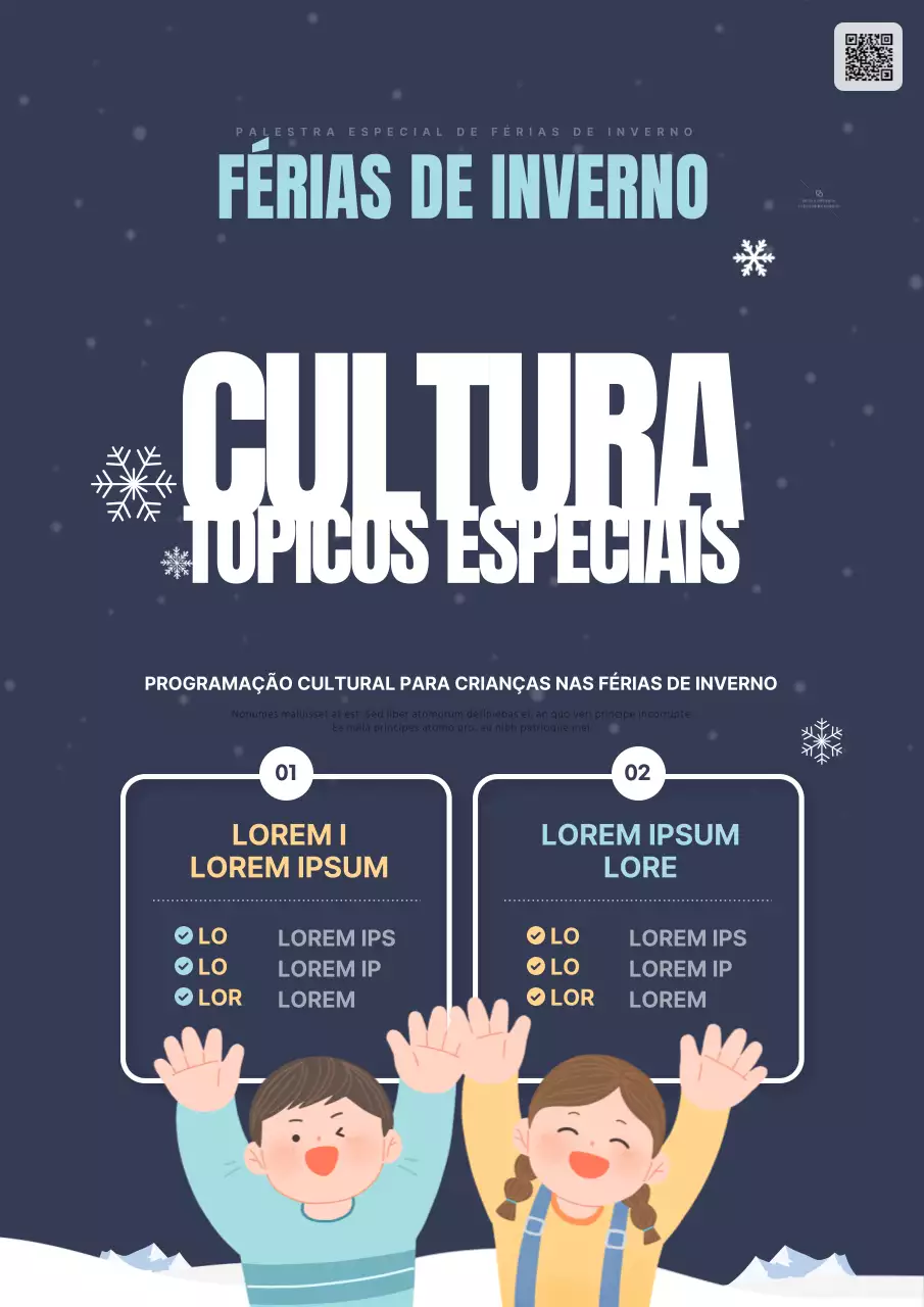 Promover os especiais culturais das férias de inverno para crianças em azul-marinho e branco