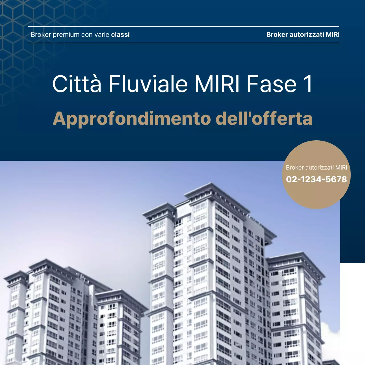 Lussuoso annuncio immobiliare in blu navy e oro di un agente immobiliare.